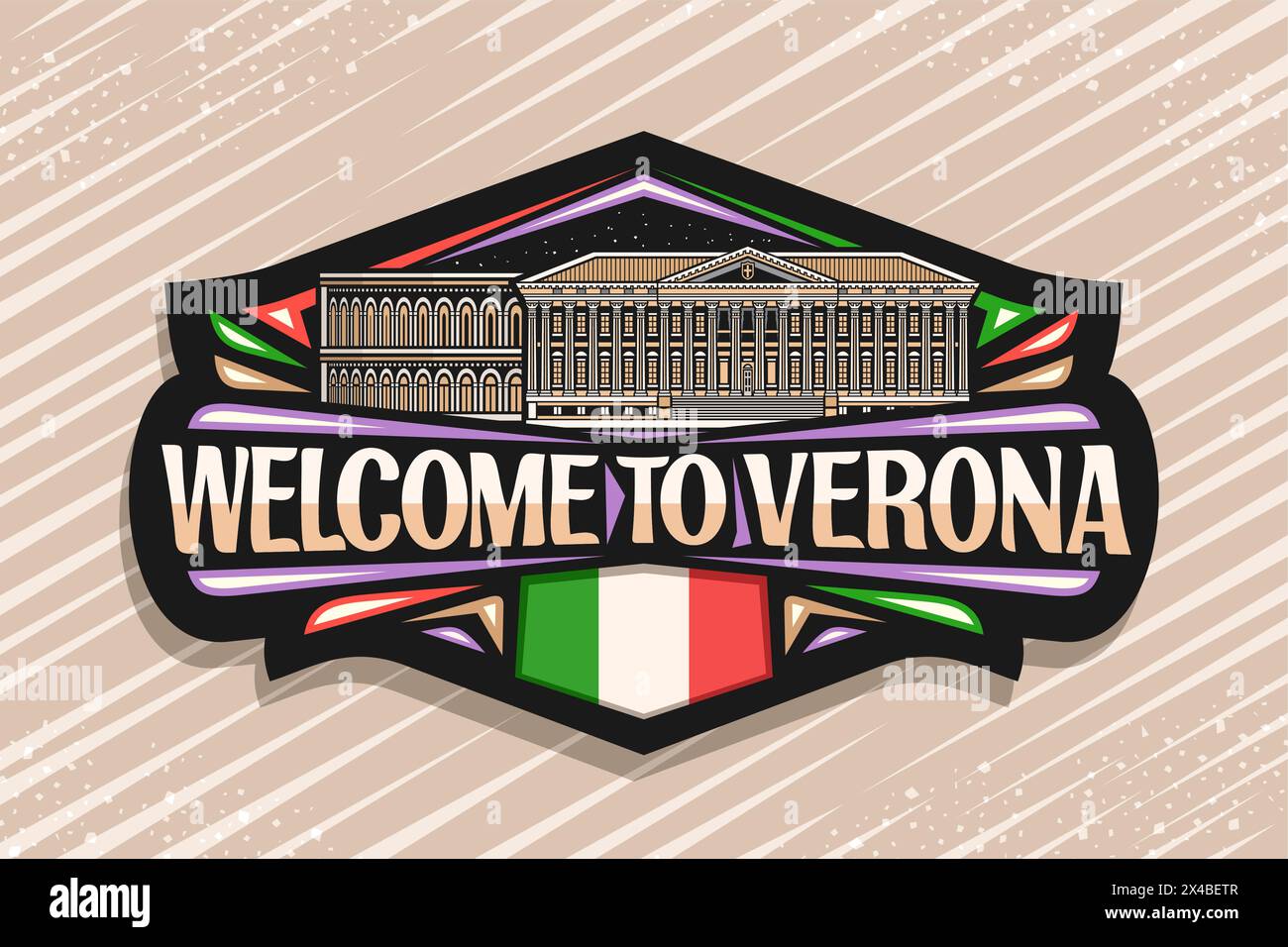 Logo vettoriale per Verona, cartellone decorativo con contorno raffigurante il paesaggio europeo illuminato della città di verona sullo sfondo del cielo notturno, art desi Illustrazione Vettoriale