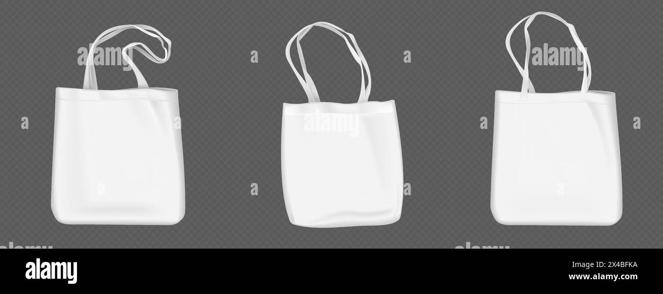 Mockup ecobag bianco. Cotone vettoriale modello vuoto di ecobag riutilizzabile con manico. Tessuto bianco isolato e realistico, design riciclato per la spesa o la spiaggia da portare con la tracolla. Illustrazione Vettoriale