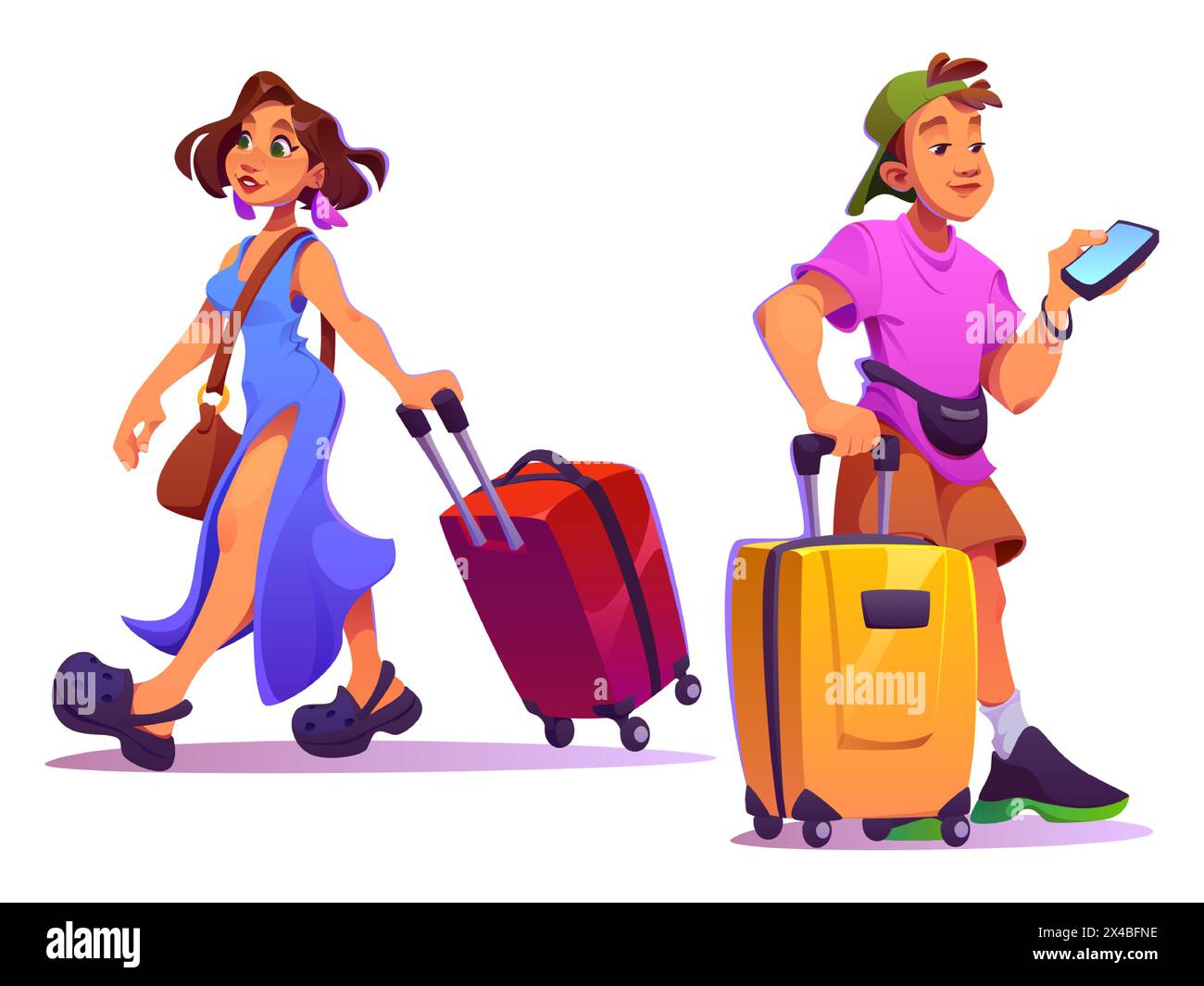 Uomo e donna viaggiano con la valigia. Turisti in vacanza con bagagli. Il giovane personaggio va all'estero in un set di icone isolate per le vacanze estive. Passeggia per il passeggero maschile con telefono e design dei bagagli Illustrazione Vettoriale