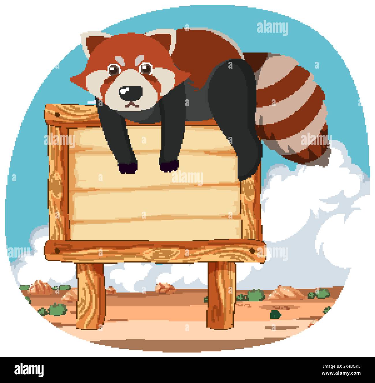 Carino panda rosso steso su un cartello di legno. Illustrazione Vettoriale