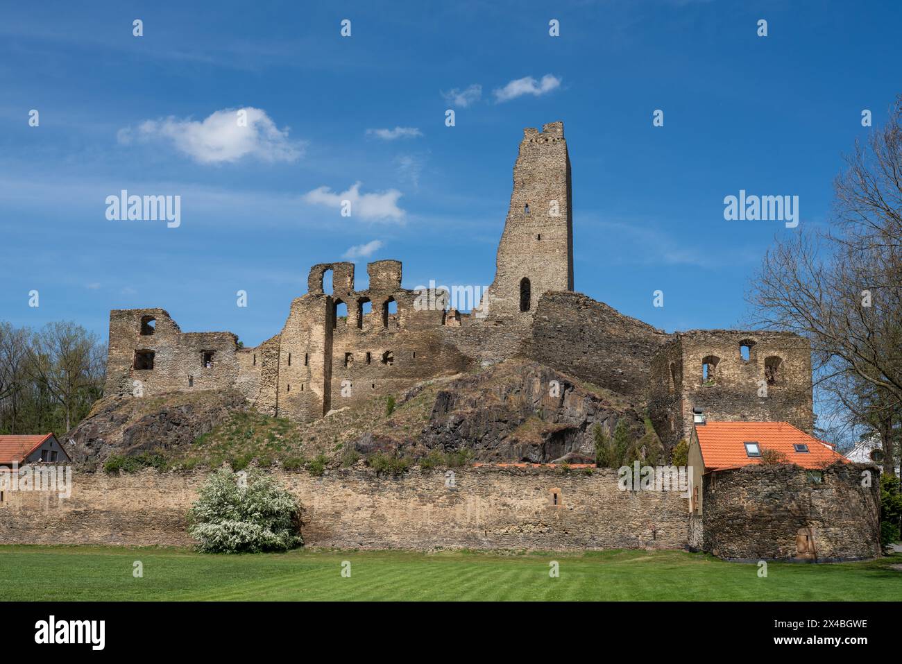 Vista frontale delle rovine del castello medievale di Okoř, Boemia centrale. Popolare destinazione turistica. Costruito nel XIV secolo. Foto Stock