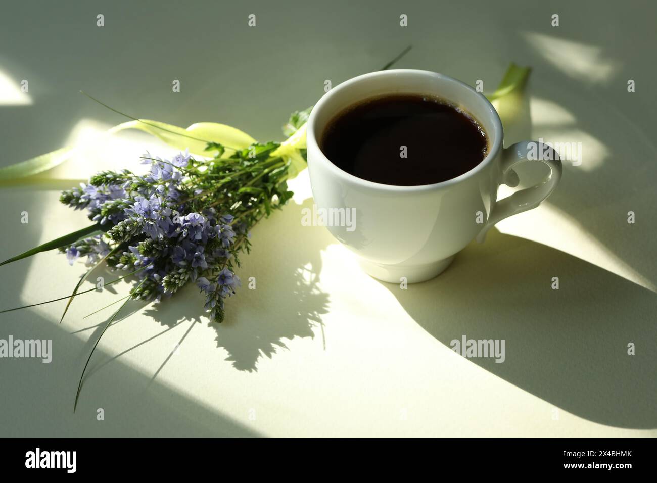 Tazza di caffè nero caldo. Caffè mattutino con fiori. Mattinata romantica Foto Stock