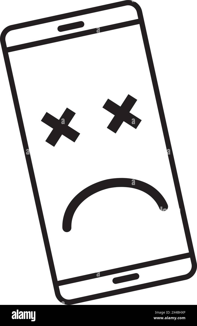 Smartphone rotto con un sorriso triste. Servizio telefonico interrotto, concetto di recupero e riparazione, vista dall'alto del simbolo nel copyspace. Illustrazione Vettoriale