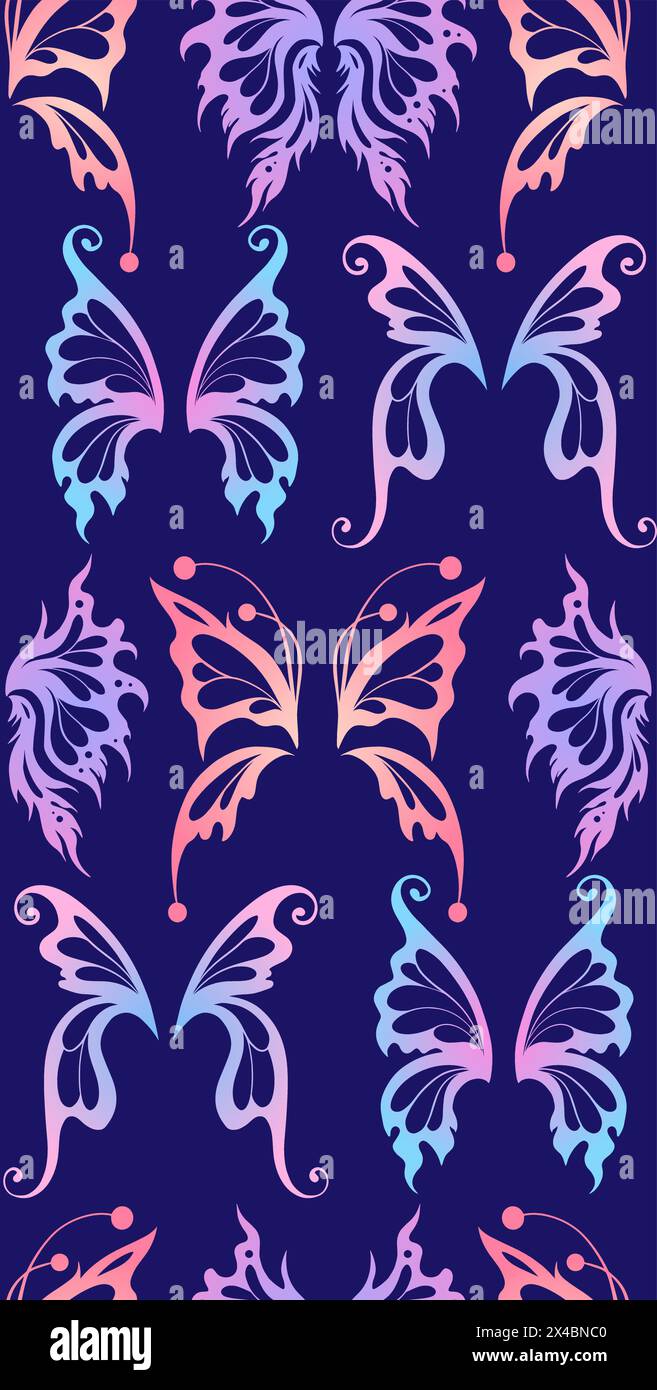 Motivo al neon vettoriale senza cuciture con silhouette sfumate di ali a farfalla in colori pastello su sfondo viola. Texture magica con fata e pixie Illustrazione Vettoriale