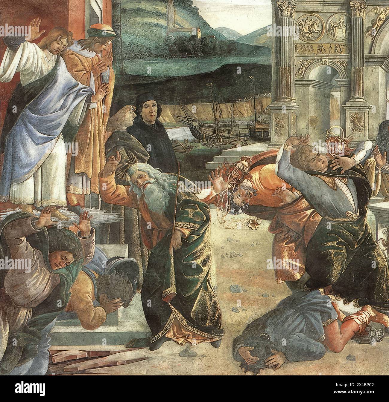 BOTTICELLI, Sandro (B. 1444, Firenze, d. 1510, Firenze) la punizione di Korah (particolare) 1481-82 affresco Cappella Sistina, Vaticano sul lato sinistro dell'affresco i ribelli sono inghiottiti dalla terra, che si sta aprendo sotto di loro. I due figli innocenti di Korah, il capo dei ribelli, appaiono galleggianti su una nuvola, esentati dalla punizione divina. Botticelli incluse anche due dei suoi contemporanei nella scena biblica. Sono in piedi di fronte alla facciata di un palazzo rinascimentale italiano, e sullo sfondo, come spesso accade con Botticelli, a m Foto Stock