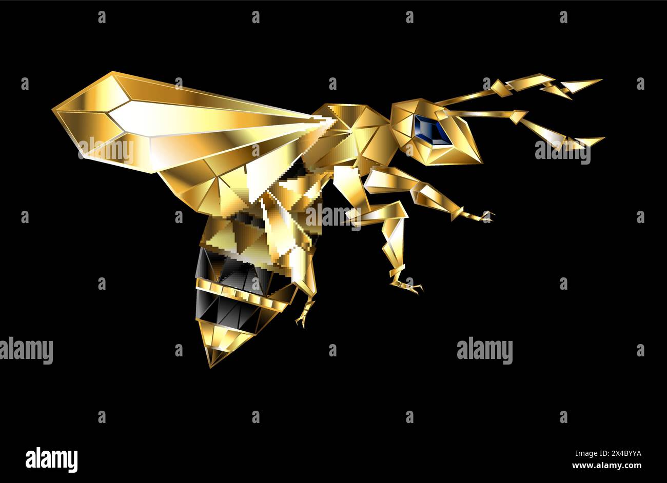 Oro, gioielli, api poligonali volanti con ali dorate scintillanti su sfondo nero. Animale in stile poligonale. Ape d'oro. Illustrazione Vettoriale