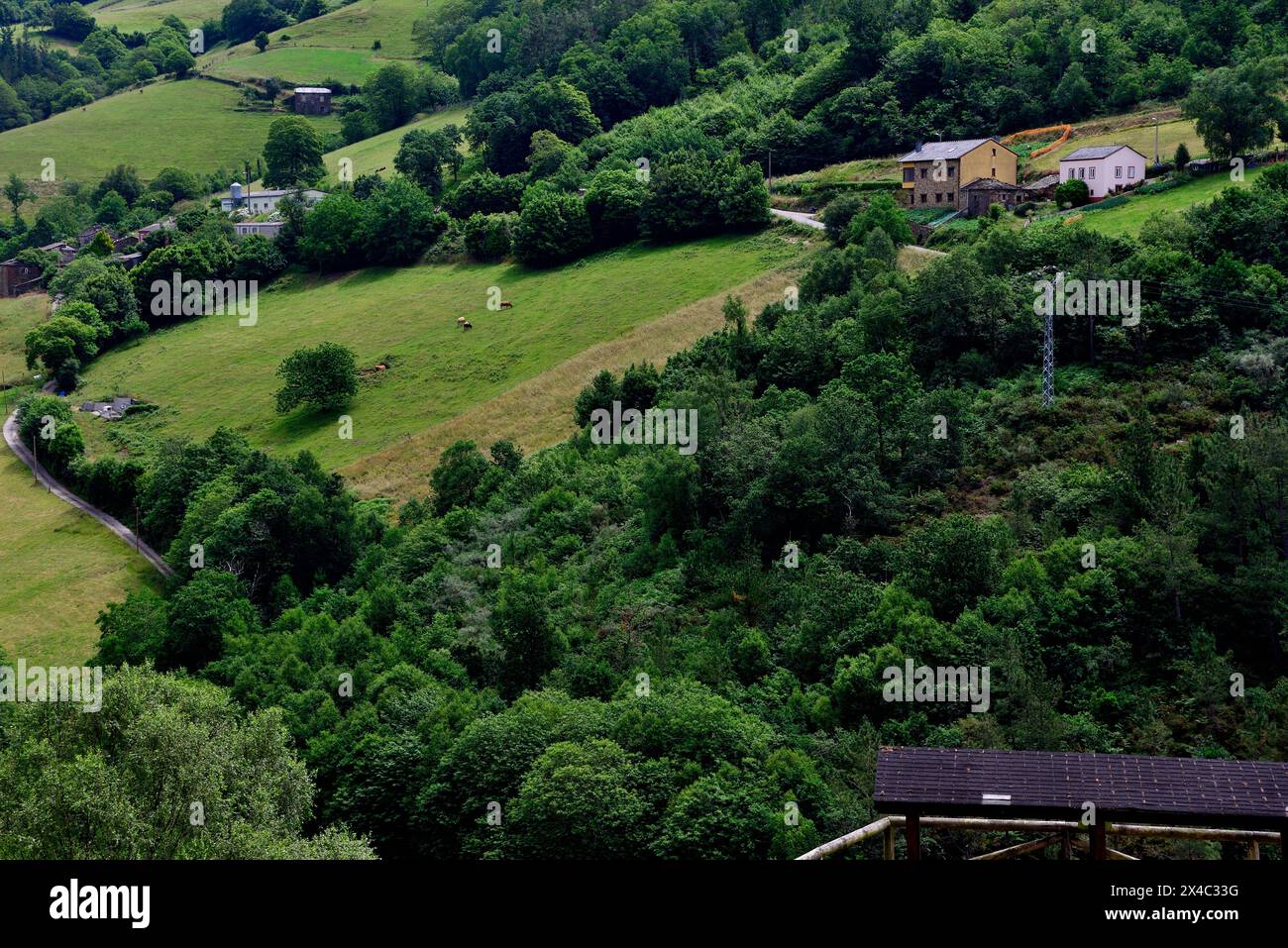 Panoramica di un'azienda agricola a Taramundi, Asturie, Spagna Foto Stock