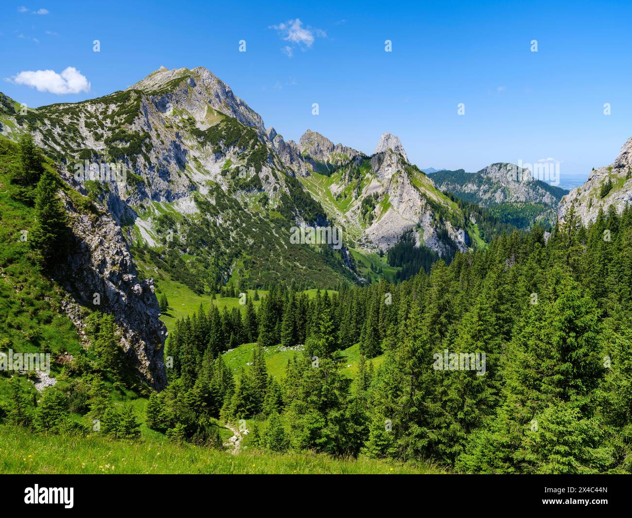 Vista verso il monte Hochplatte e Mt. Geiselstein. Parco naturale delle Alpi Ammergau (Ammergau Alpen) nelle Alpi calcaree settentrionali dell'alta Baviera, Germania. Foto Stock