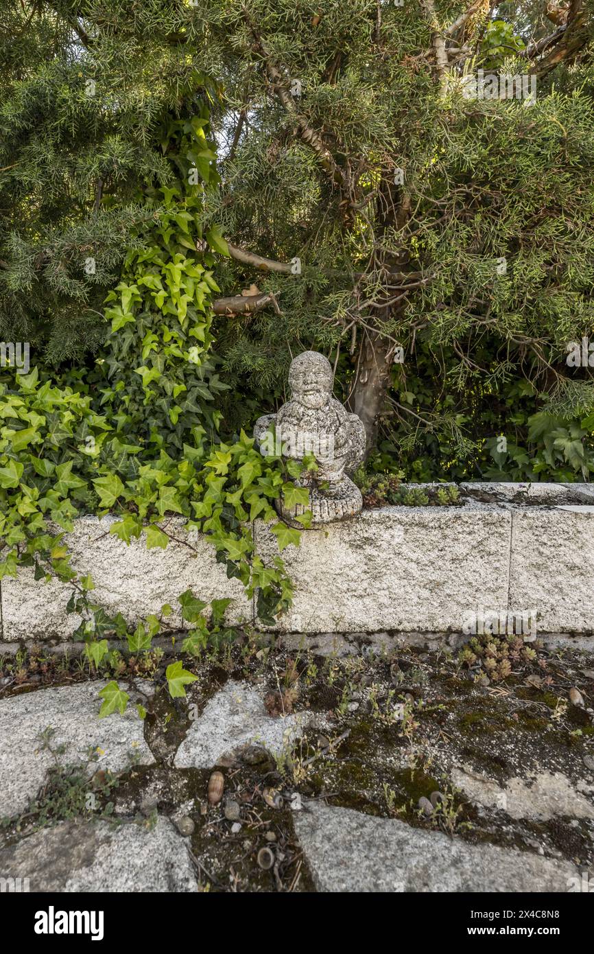Recinzione perimetrale di un giardino con siepi, viti, bambole da giardino in pietra e lastre dello stesso materiale sul terreno Foto Stock