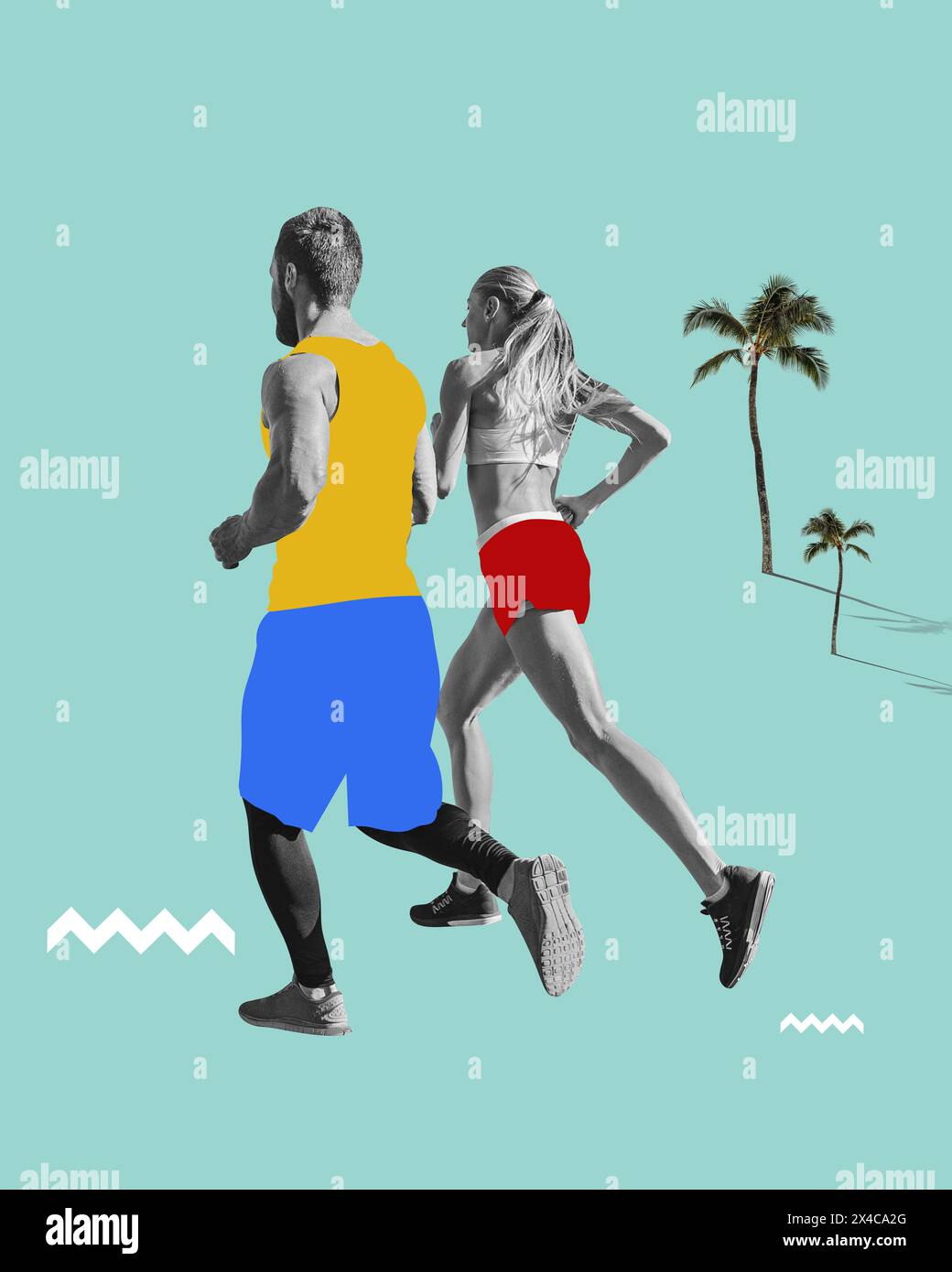Atletica giovane uomo e donna con corpo muscoloso che corre la mattina per mantenere il corpo in buona forma. Collage d'arte contemporanea. Foto Stock