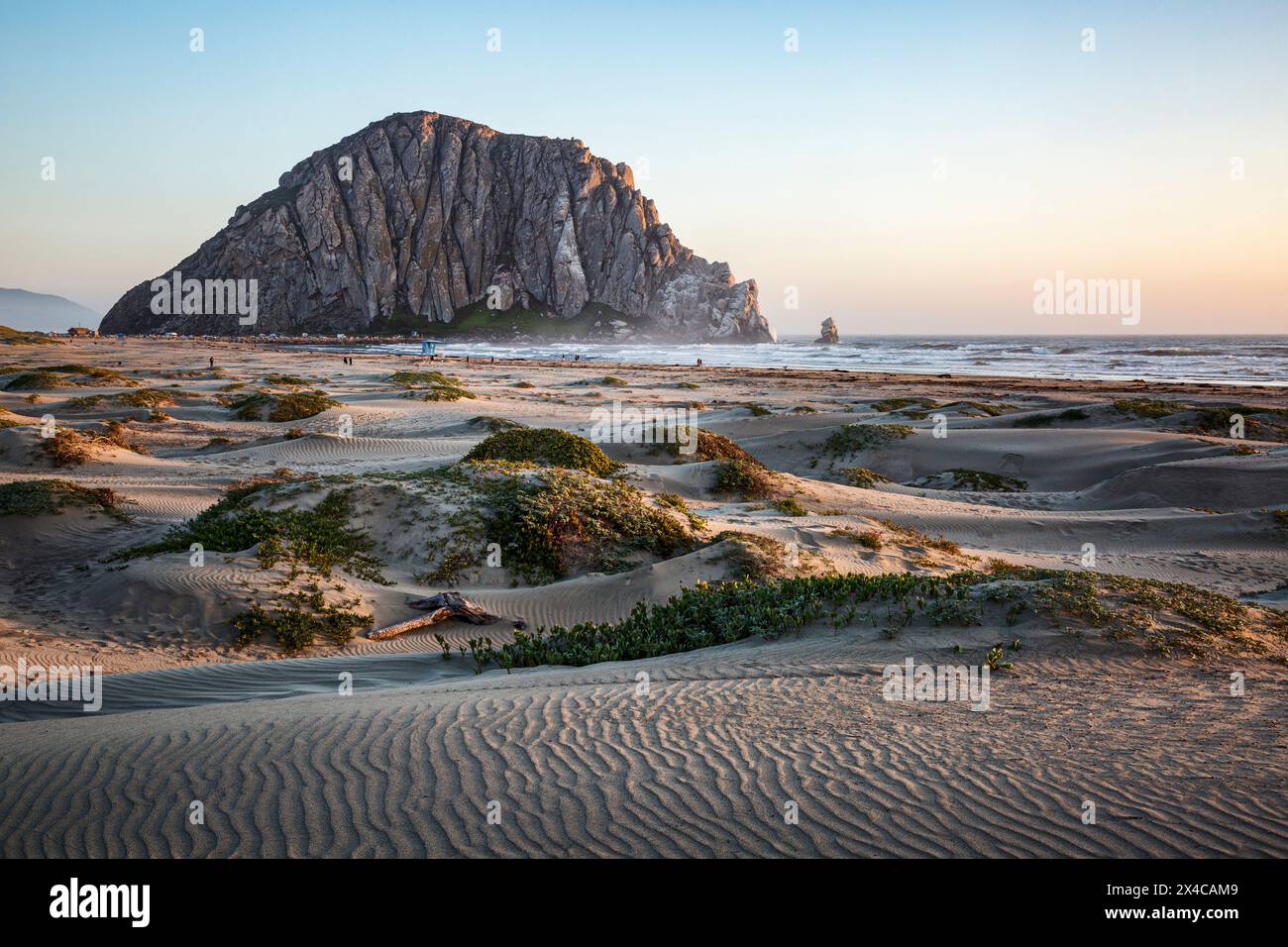 USA, California, costa centrale, Morro Bay. Luce del tramonto sulle dune e Morro Rock Foto Stock