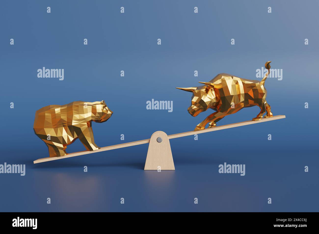 Toro e orso d'oro su ogni lato delle alghe in legno su sfondo blu sfumato. Mercato rialzista e ribassista, cambio dei prezzi azionari, rischio di investimenti Foto Stock