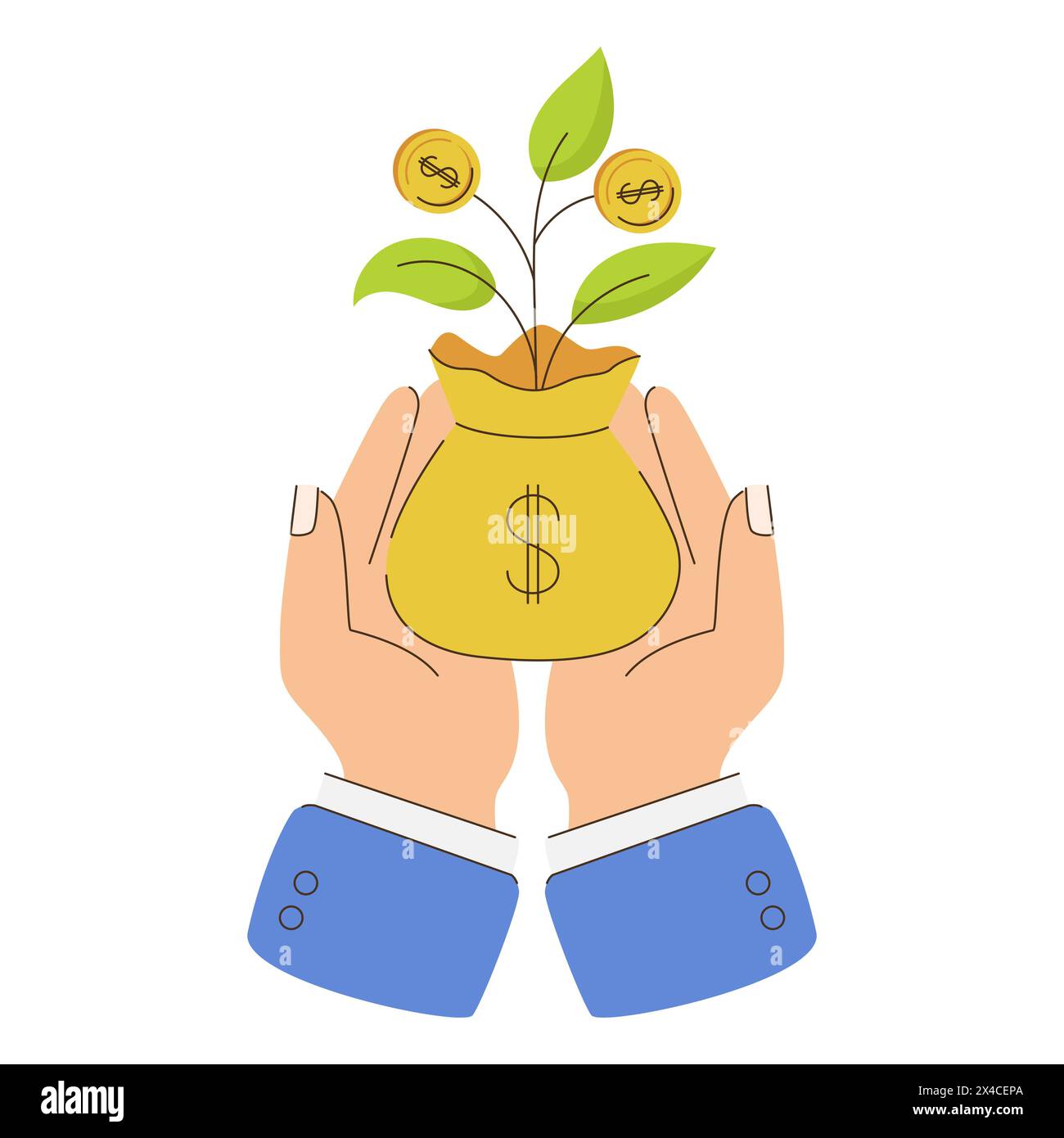 Una mano regge un vaso giallo con l'albero dei soldi. Borsa con pianta con monete e foglie d'oro. Illustrazione vettoriale piatta isolata su sfondo bianco. Illustrazione Vettoriale