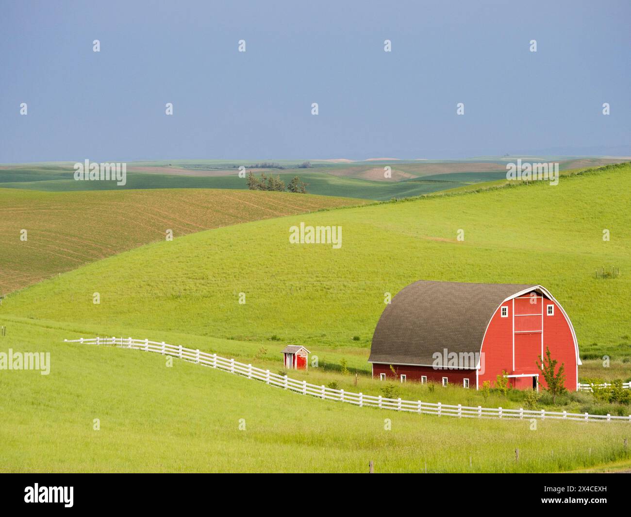 USA, Idaho, Palouse. Bellissimo fienile rosso in una fattoria a Palouse. (Solo per uso editoriale) Foto Stock