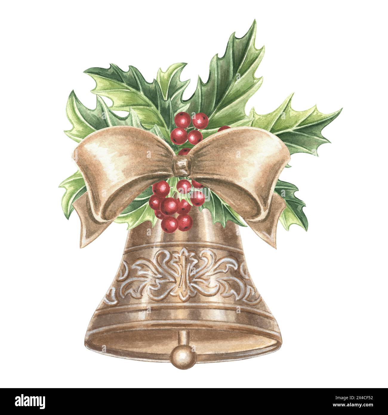 Campana in bronzo ornata con fiocco di seta e holly. Albero di Natale decorazioni per le vacanze di Capodanno in vintage. Illustrazione ad acquerello disegnata a mano, design festivo Foto Stock