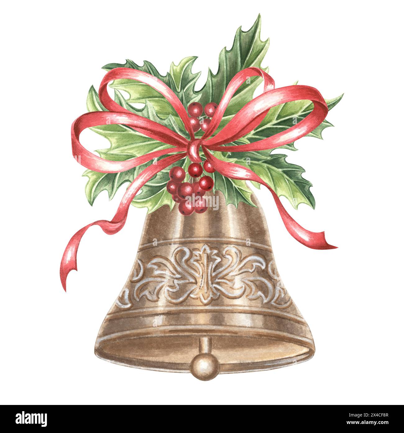 Campana in bronzo ornata con fiocco di seta e holly. Albero di Natale decorazioni per le vacanze di Capodanno in vintage. Illustrazione ad acquerello disegnata a mano, design festivo Foto Stock