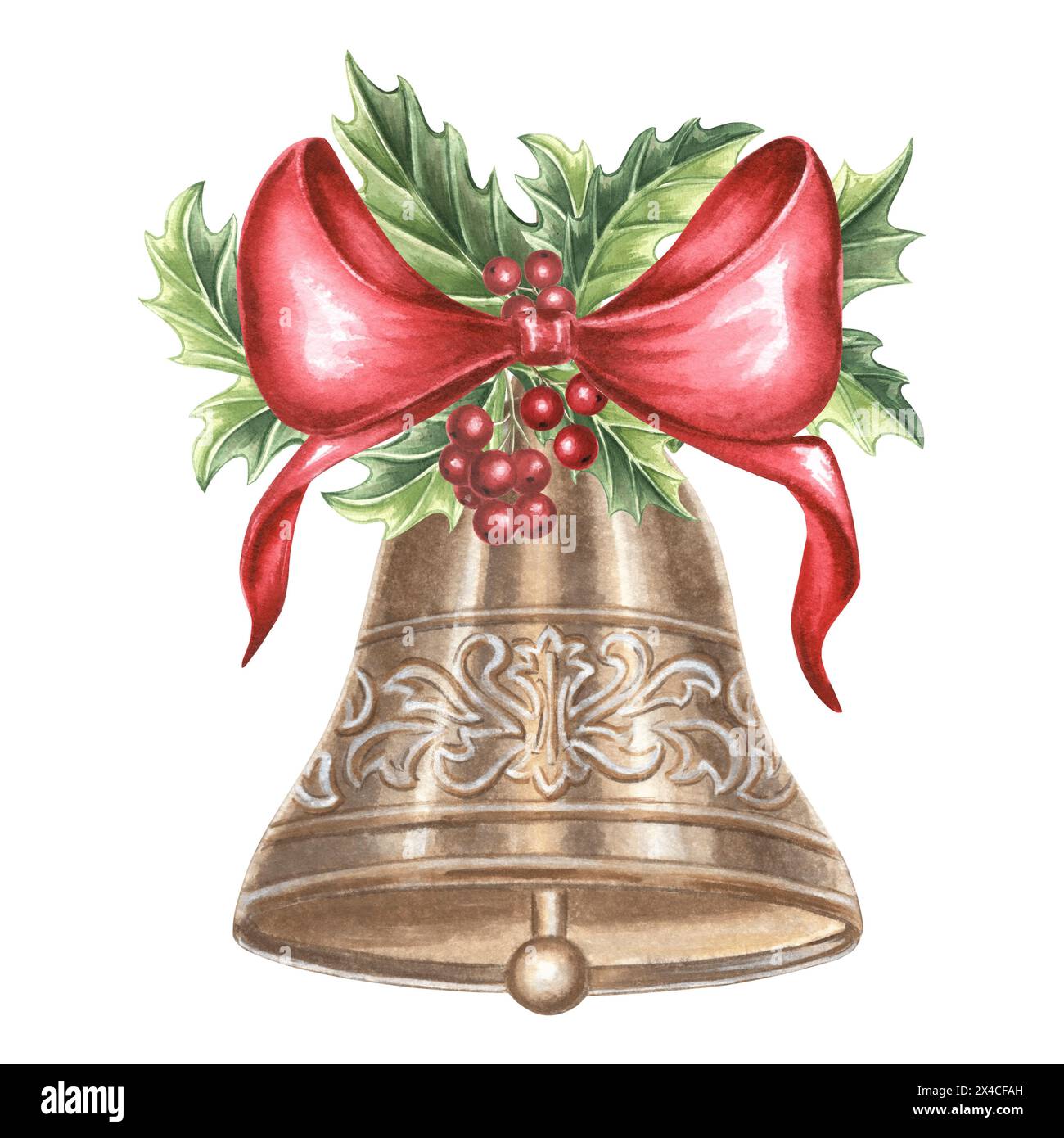 Campana in bronzo ornata con fiocco di seta e holly. Albero di Natale decorazioni per le vacanze di Capodanno in vintage. Illustrazione ad acquerello disegnata a mano, design festivo Foto Stock