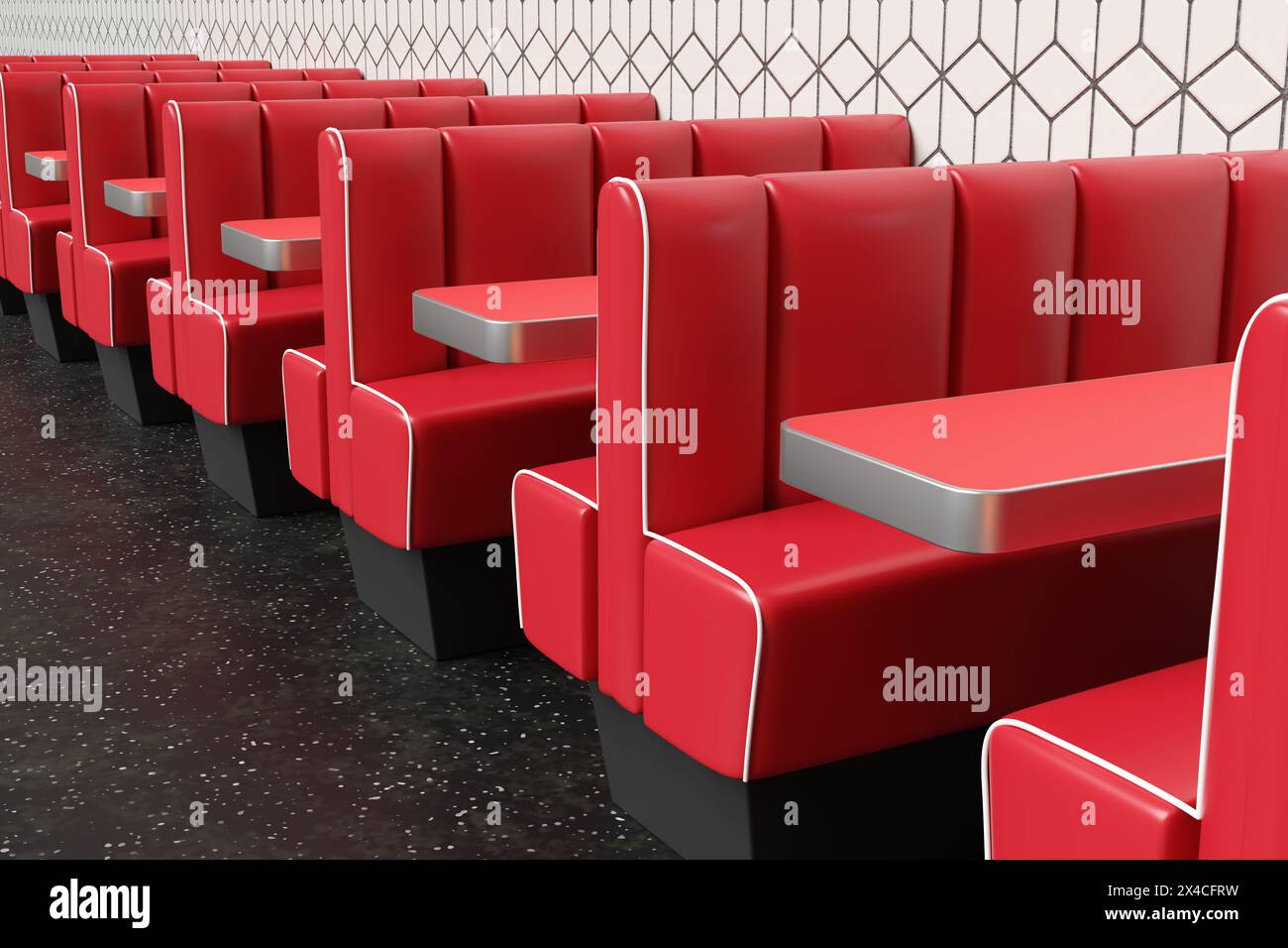 Fila di cabine rosse accanto a un muro di piastrelle bianche a forma di diamante su pavimento nero con macchie bianche. Illustrazione come concetto di fast food re Foto Stock