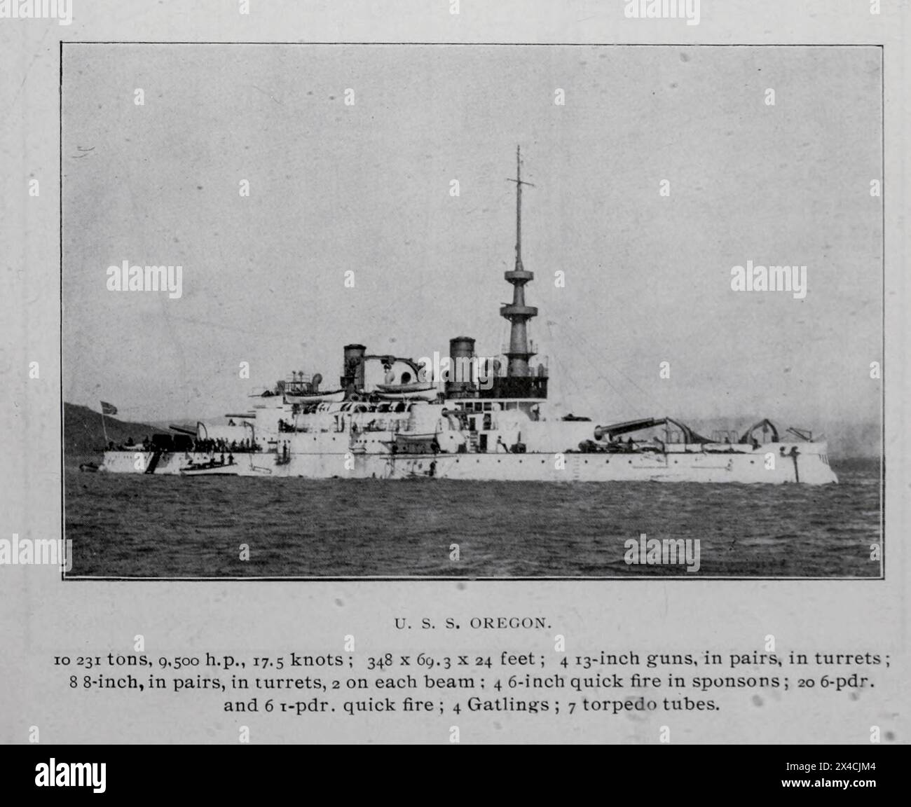 STATI UNITI, OREGON. 10.231 tonnellate, 17,5 nodi; 348 x 69,3 x 24 piedi; 4 cannoni da 13 pollici, in coppia, in torrette; 8 8 pollici, in coppia, in torrette, 2 su ogni fascio; fuoco rapido di 4 6 pollici negli sponsor; 20 6-pdr e 6 1-pdr. Fuoco rapido; 4 Gatlings; 7 tubi siluranti. DALL'ARTICOLO IL MONITOR, LA NAVE DA BATTAGLIA, L'INCROCIATORE E IL DISTRUTTORE. Di G. W. Dickie, della rivista Engineering dedicata al progresso industriale volume XVII 1899 The Engineering Magazine Co Foto Stock