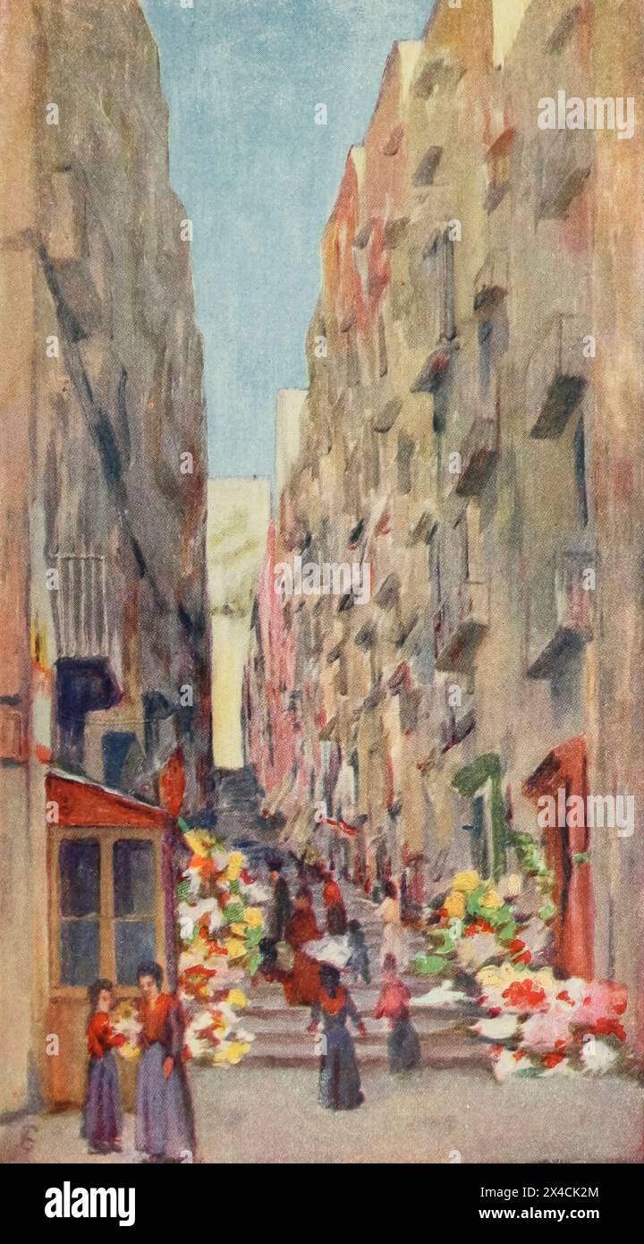 Il Gridone, che conduce dalla via Chiaia il popolare mercato dei fiori di Napoli dal libro ' Napoli ' DIPINTO DA AUGUSTINE FITZGERALD DESCRITTO DA SYBIL FITZGERALD PUBBLICATO DA ADAM & CHARLES BLACK LONDON nel 1904 Foto Stock