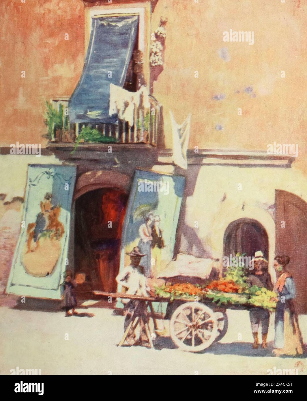 SCENA DI STRADA, LA MARINA, NAPOLI la frutta e la verdura della città sono vendute quasi interamente su carrelli a mano per le strade dal libro ' Napoli ' DIPINTO DA AUGUSTINE FITZGERALD DESCRITTO DA SYBIL FITZGERALD PUBBLICATO DA ADAM & CHARLES BLACK LONDON nel 1904 Foto Stock