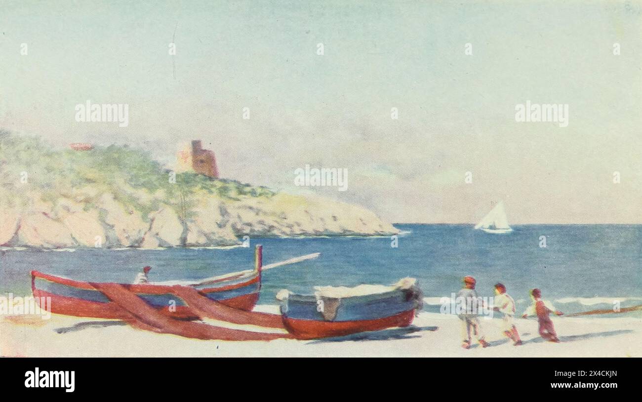 Spiaggia del villaggio di pescatori di Puolo dal libro ' Napoli ' DIPINTO DA AUGUSTINE FITZGERALD DESCRITTO DA SYBIL FITZGERALD PUBBLICATO DA ADAM & CHARLES BLACK LONDON nel 1904 Foto Stock