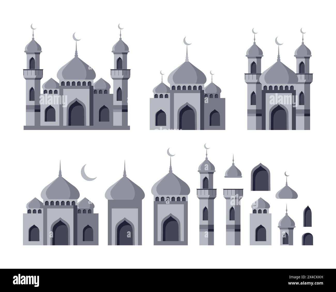 Serie di moschee islamiche e minareti con cupola. Collezione di elementi architettonici arabi. Stile piatto. Illustrazione vettoriale. Illustrazione Vettoriale