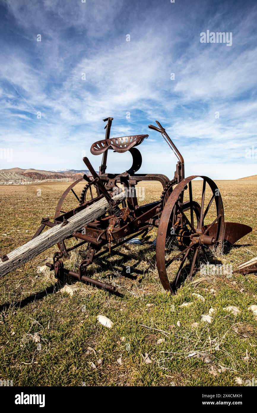 Un antico aratro trainato da cavalli. Foto Stock