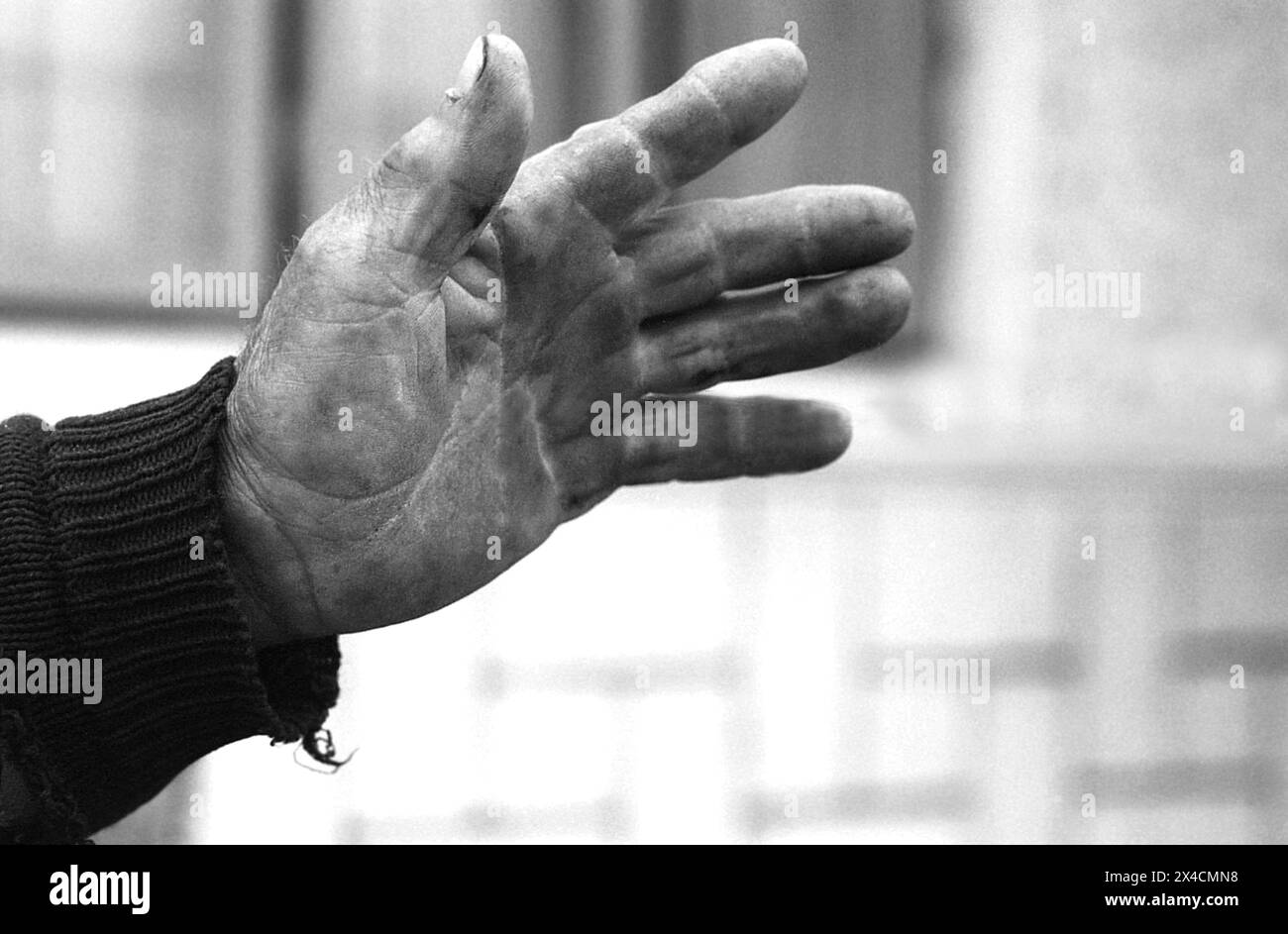 Romania, circa 1992. Primo piano della mano sporca di un uomo adulto che vive in una zona rurale. Foto Stock