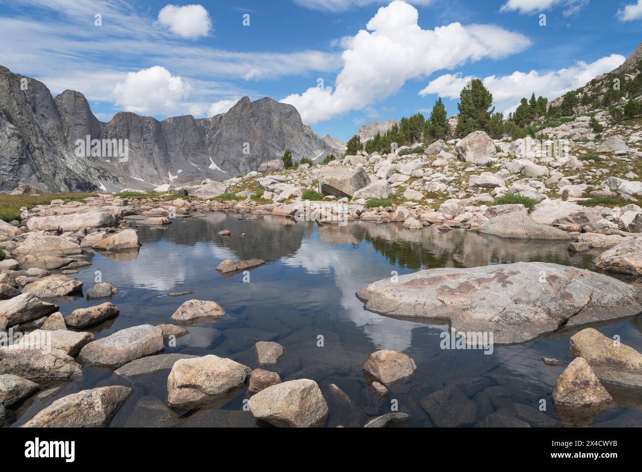 Picco RAID visto da tarn sopra il lago Pyramid. Bridger Wilderness. Wind River Range, Wyoming. Foto Stock