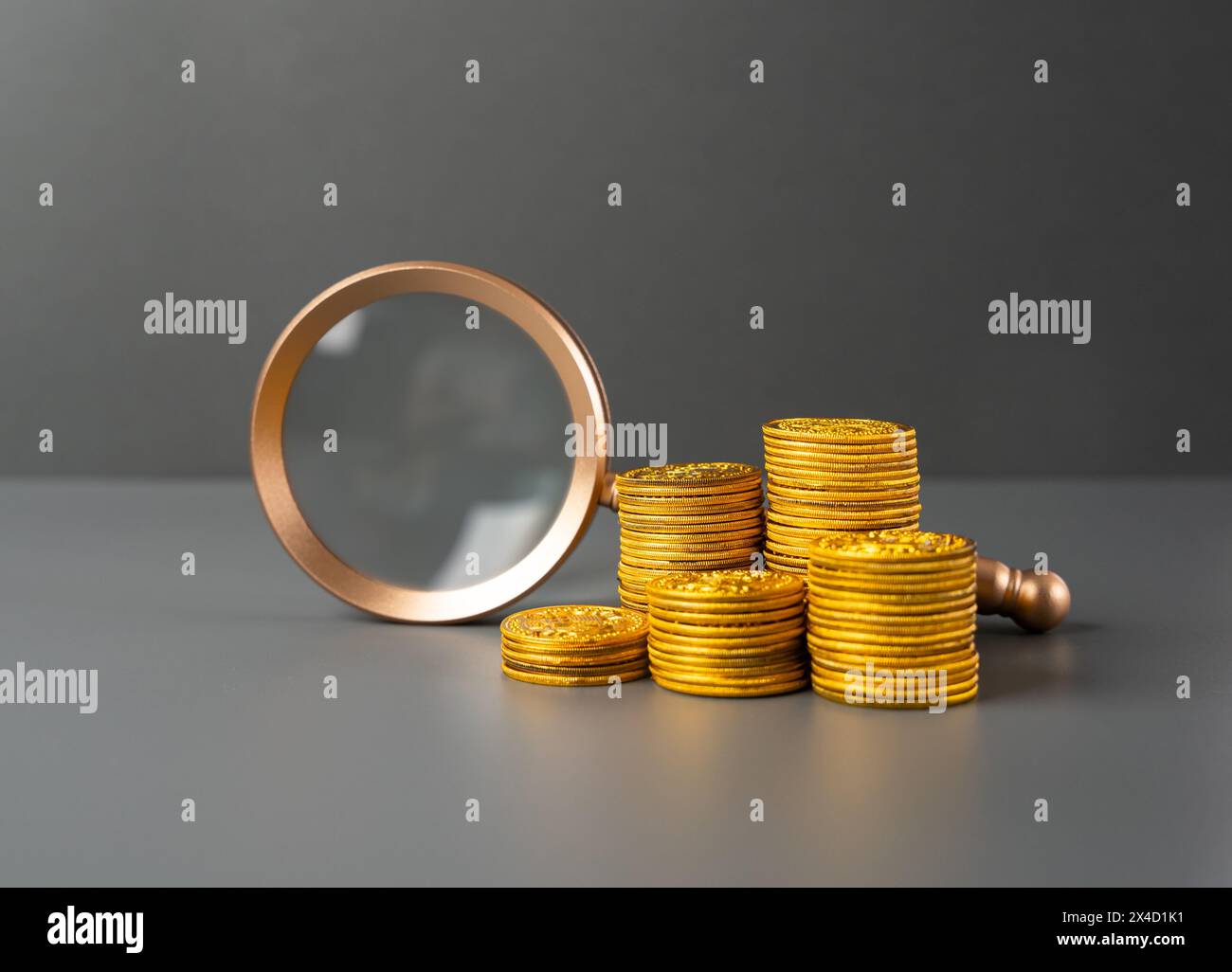 Lente d'ingrandimento e pile di monete. Ricerca di opportunità di finanziamento e di investimento. Risparmi e depositi. Prestito. Economia. Politica monetaria, in Foto Stock