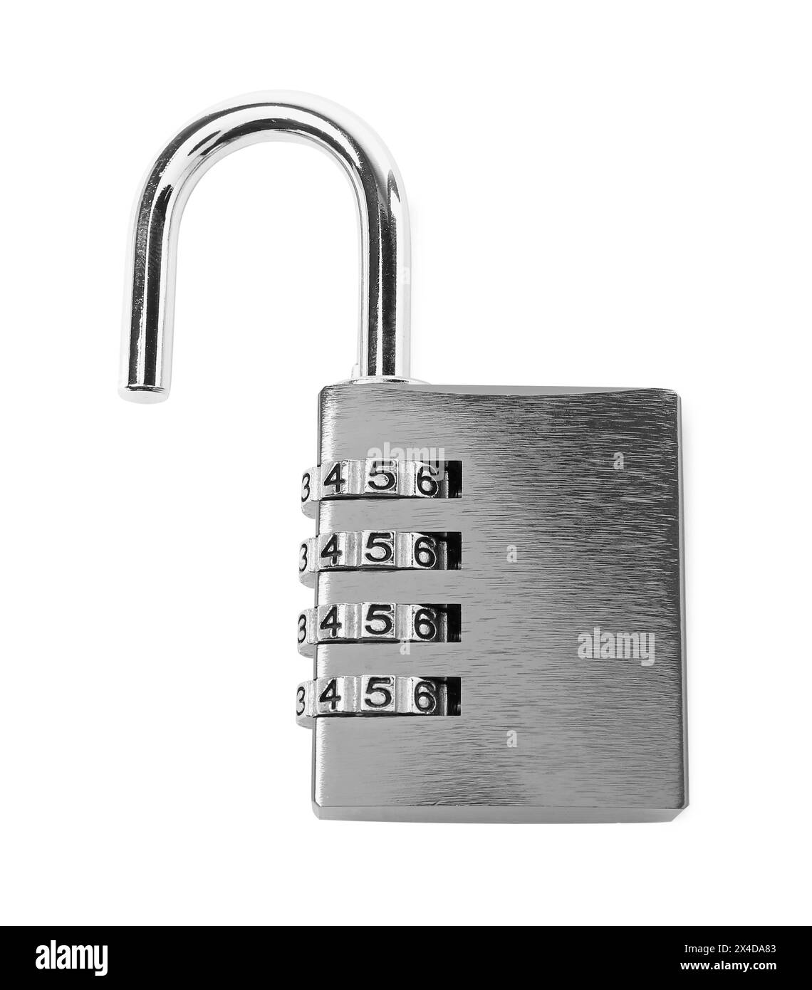 Lucchetto a combinazione in acciaio sbloccato isolato su bianco, vista dall'alto Foto Stock