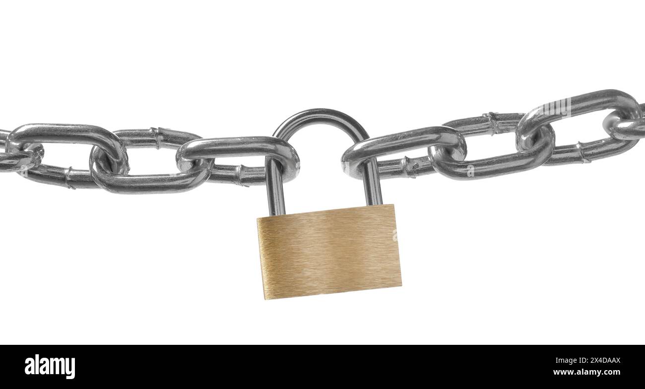 Lucchetto e catena in acciaio isolati su bianco Foto Stock