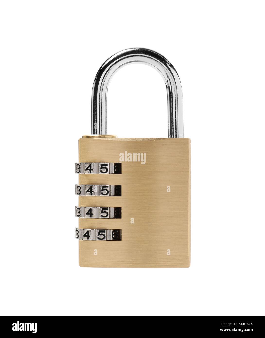 Lucchetto a combinazione in acciaio bloccato isolato su bianco Foto Stock