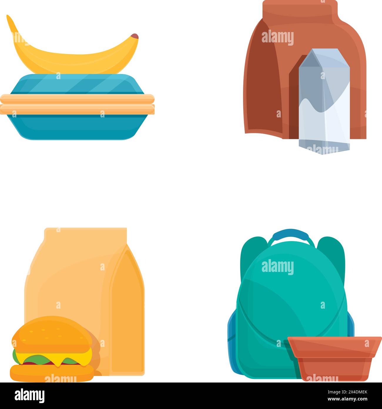 Le icone della colazione scolastica impostano il vettore dei cartoni animati. Pranzo al sacco con vari piatti. Cibo confezionato Illustrazione Vettoriale