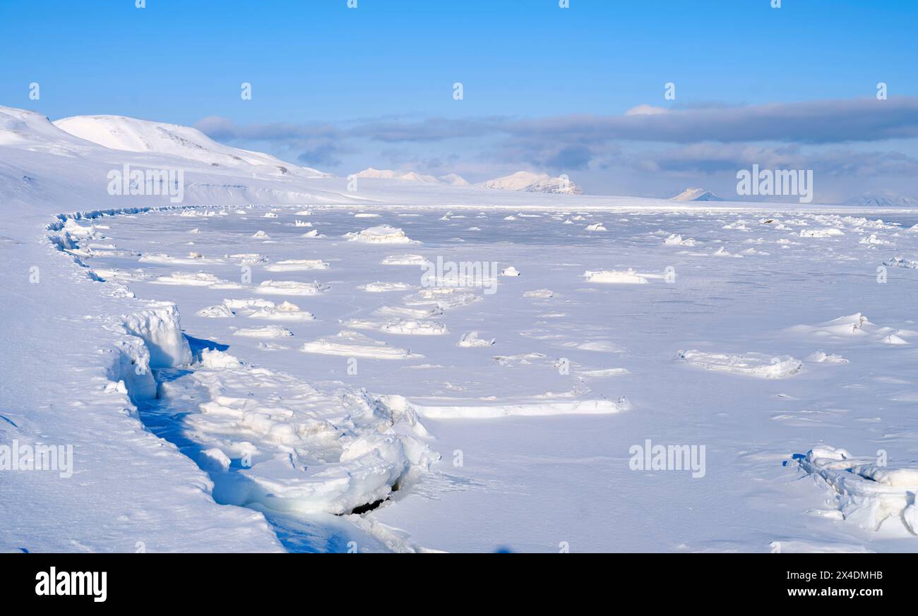 Paesaggio a Gronfjorden ghiacciato, isola di Spitsbergen. Regione artica, Scandinavia, Norvegia, Svalbard Foto Stock