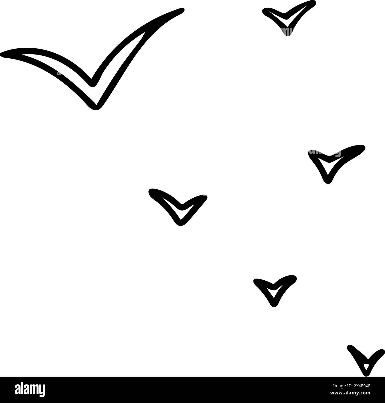 Un gregge di uccelli in formazione V. Uccelli migratori. Illustrazione vettoriale disegnata a mano in stile doodle. Schizzo semplice isolato. Ideale per i concetti di Illustrazione Vettoriale