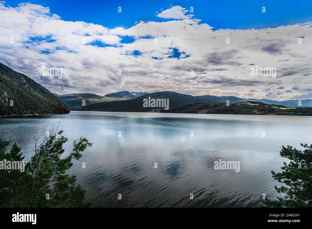 Vista tranquilla su Tingvollfjorden in Norvegia, con acque calme e riflessi sotto un cielo nuvoloso estivo blu. Foto Stock