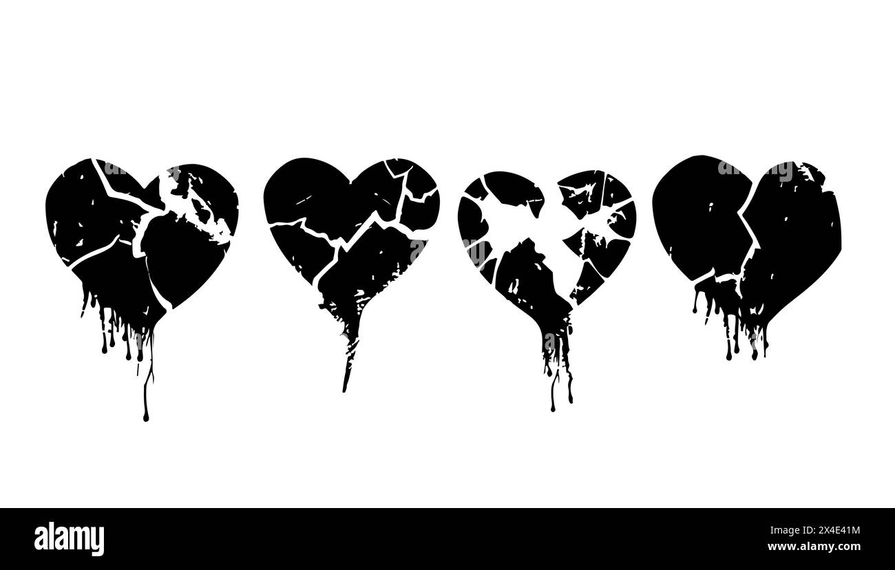 Illustrazione vettoriale Gothic Set Broken Heart. Simbolo d'amore, icona romantica e adesivo bianco isolato. Silhouette alla moda arte astratta e grunge Illustrazione Vettoriale