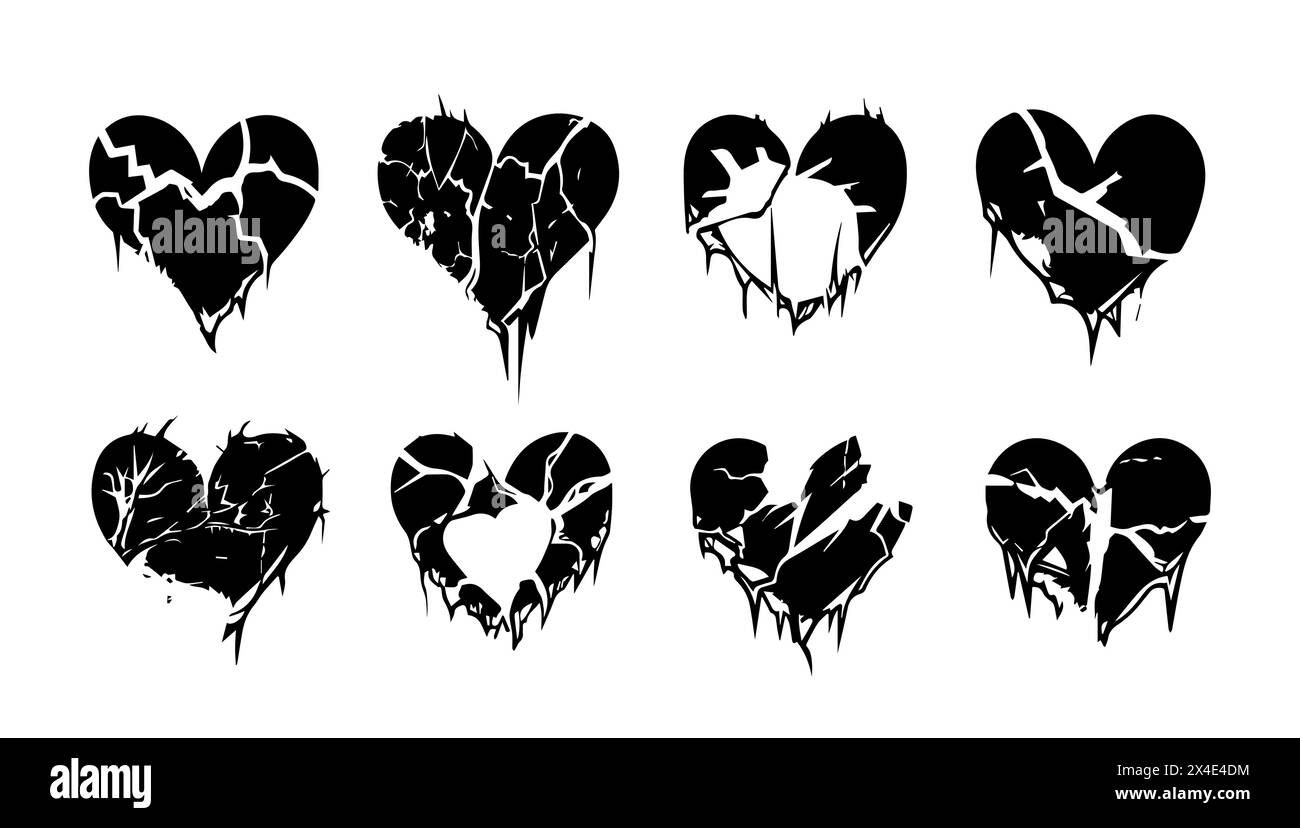 Illustrazione vettoriale Gothic Set Broken Heart. Simbolo d'amore, icona romantica e adesivo bianco isolato. Silhouette alla moda arte astratta e grunge Illustrazione Vettoriale