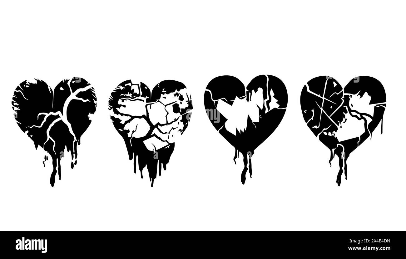 Illustrazione vettoriale Gothic Set Broken Heart. Simbolo d'amore, icona romantica e adesivo bianco isolato. Silhouette alla moda arte astratta e grunge Illustrazione Vettoriale