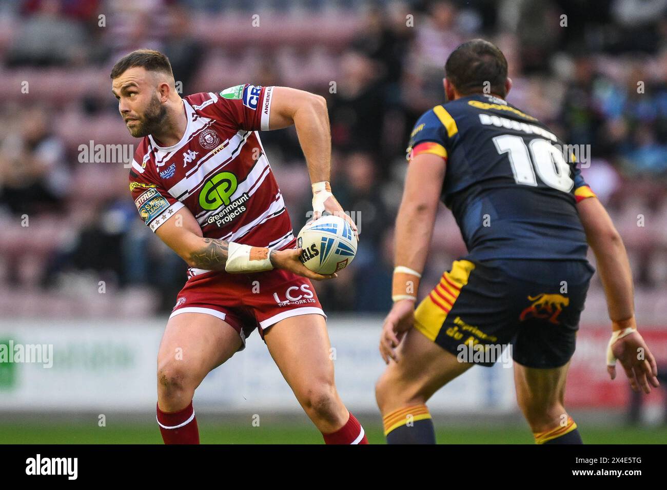 Kaide Ellis di Wigan Warriors in azione durante la partita del 10° turno di Betfred Super League Wigan Warriors vs Catalans Dragons al DW Stadium, Wigan, Regno Unito, 2 maggio 2024 (foto di Craig Thomas/News Images) in, il 2/5/2024. (Foto di Craig Thomas/News Images/Sipa USA) credito: SIPA USA/Alamy Live News Foto Stock