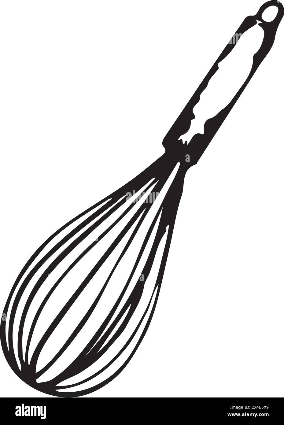 Frusta. Attrezzature da cucina rese vettoriali. Una frusta per sbattere l'impasto e la panna, disegnata con un contorno nero per mescolare. Adatto per il design della cucina. Illustrazione Vettoriale