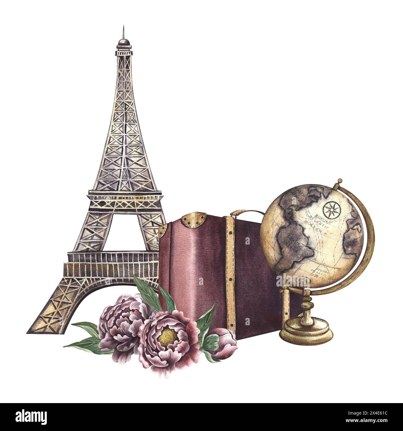 Torre Eiffel. Illustrazione ad acquerello disegnata a mano. Isolare. Le attrazioni della Francia. Progettato per volantini, banner e cartoline. Per gli inviti, poster Foto Stock