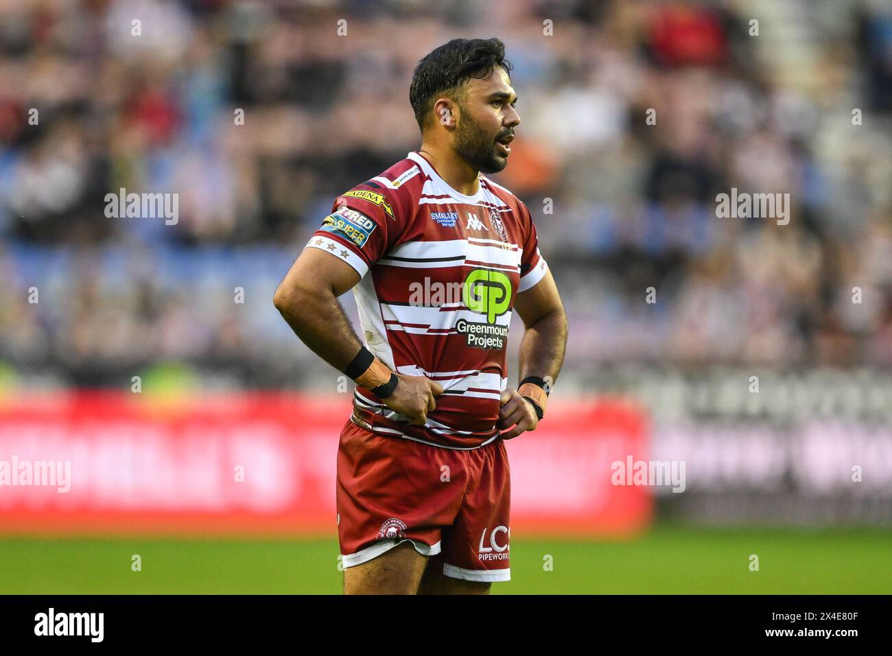 Bevan French dei Wigan Warriors durante la partita del 10° turno della Super League Betfred Wigan Warriors vs Catalans Dragons al DW Stadium di Wigan, Regno Unito, 2 maggio 2024 (foto di Craig Thomas/News Images) in, il 2/5/2024. (Foto di Craig Thomas/News Images/Sipa USA) credito: SIPA USA/Alamy Live News Foto Stock