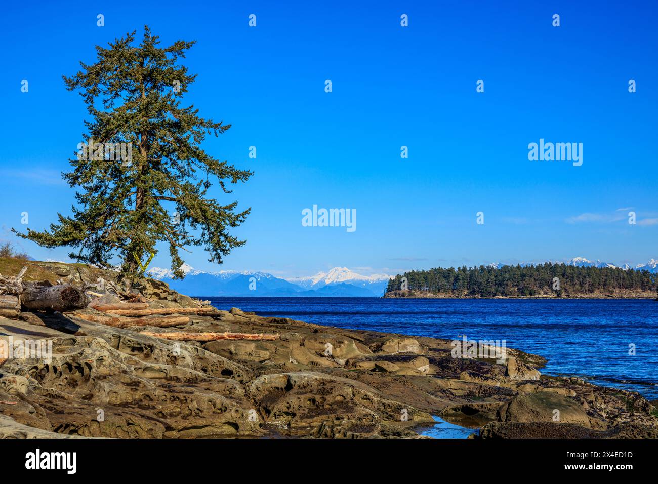 Le cime innevate delle montagne della North Shore sono visibili in lontananza dall'estremità sud dell'isola di Gabriola Foto Stock