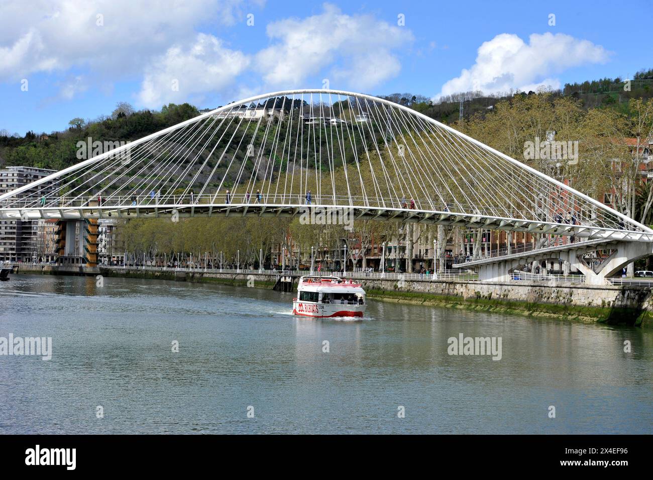 Tour in barca che passa sotto un ponte sul fiume Nervion, Bilbao, Spagna, baschi, Europa, Foto Stock