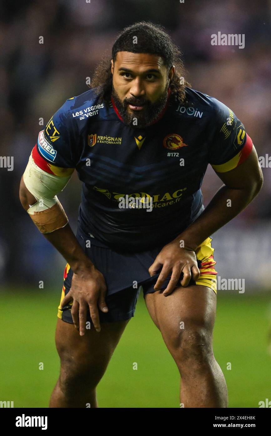 Chris Satae dei Catalani Dragons durante il decimo round di Betfred Super League Wigan Warriors vs Catalans Dragons al DW Stadium, Wigan, Regno Unito, 2 maggio 2024 (foto di Craig Thomas/News Images) in, il 5/2/2024. (Foto di Craig Thomas/News Images/Sipa USA) credito: SIPA USA/Alamy Live News Foto Stock