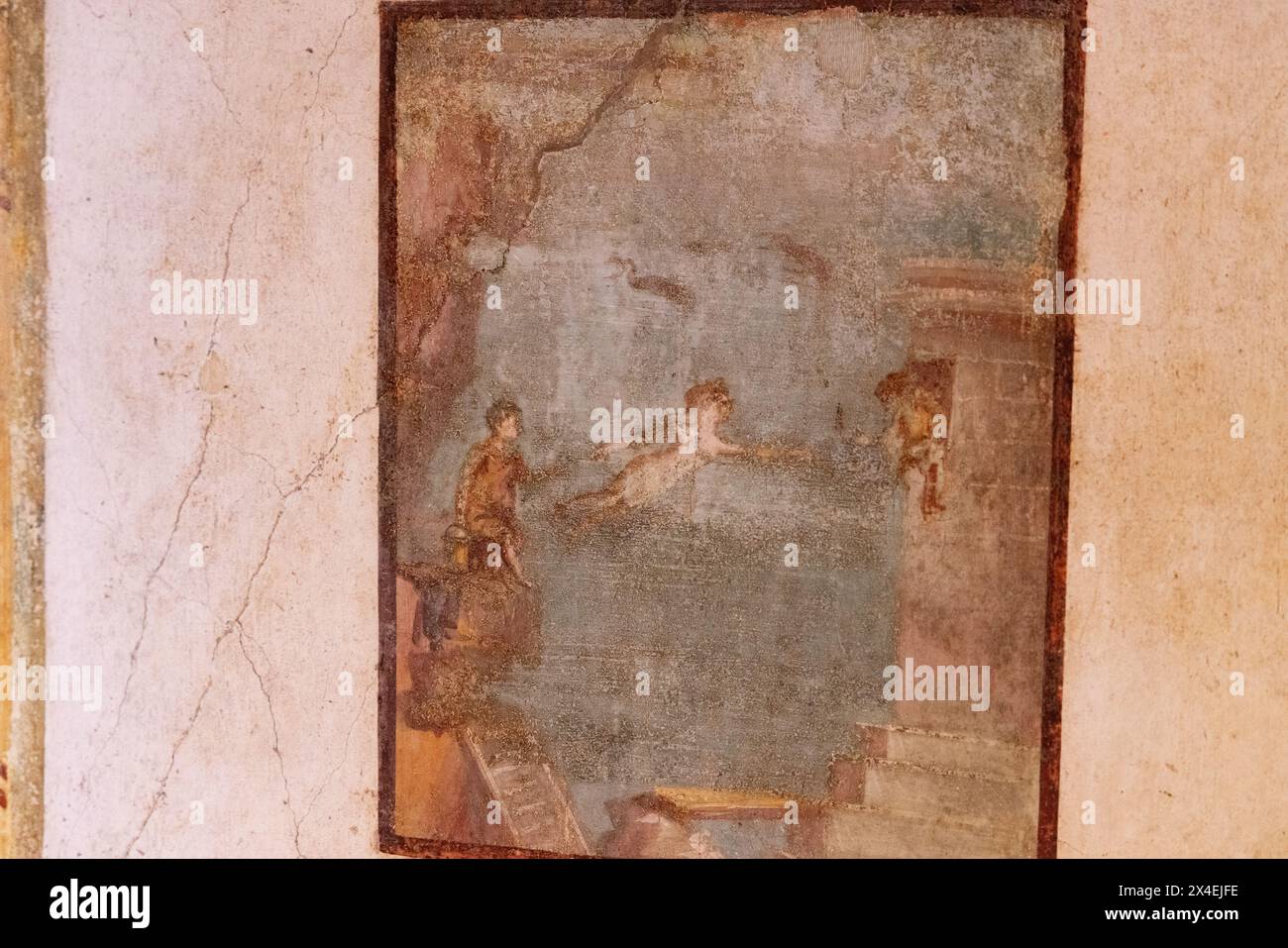Affresco o pittura murale di Pompei - eroe e Leandro; Leandro nuota fino all'eroe. Casa dei Vettii, (Casa Vettii); rovine romane di Pompei, Pompei Italia Foto Stock