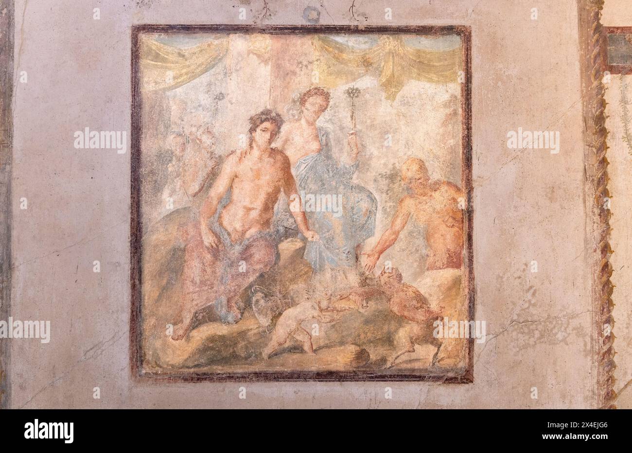 Affresco o pittura murale di Pompei - incontro di lotta tra Pan ed Eros; Casa dei Vettii (Casa Vettii); rovine romane di Pompei, Pompei Italia Foto Stock